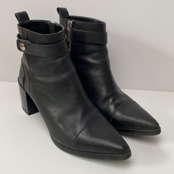 Zara Ankle Boots Women US 7.5 EU 38 Black Pointy Toe Block Heel Strap Moto Biker - Picture 3 of 16